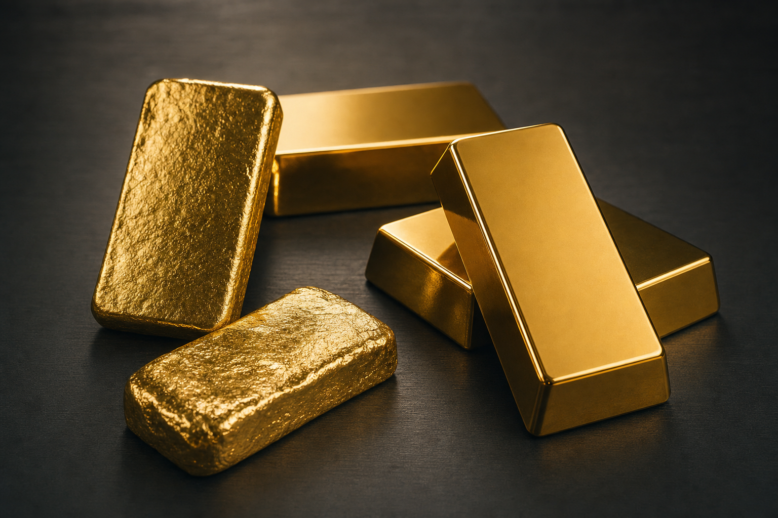 Mehrere 100 g Goldbarren in gegossener und gepraegter Ausfuehrung auf dunklem Schiefer