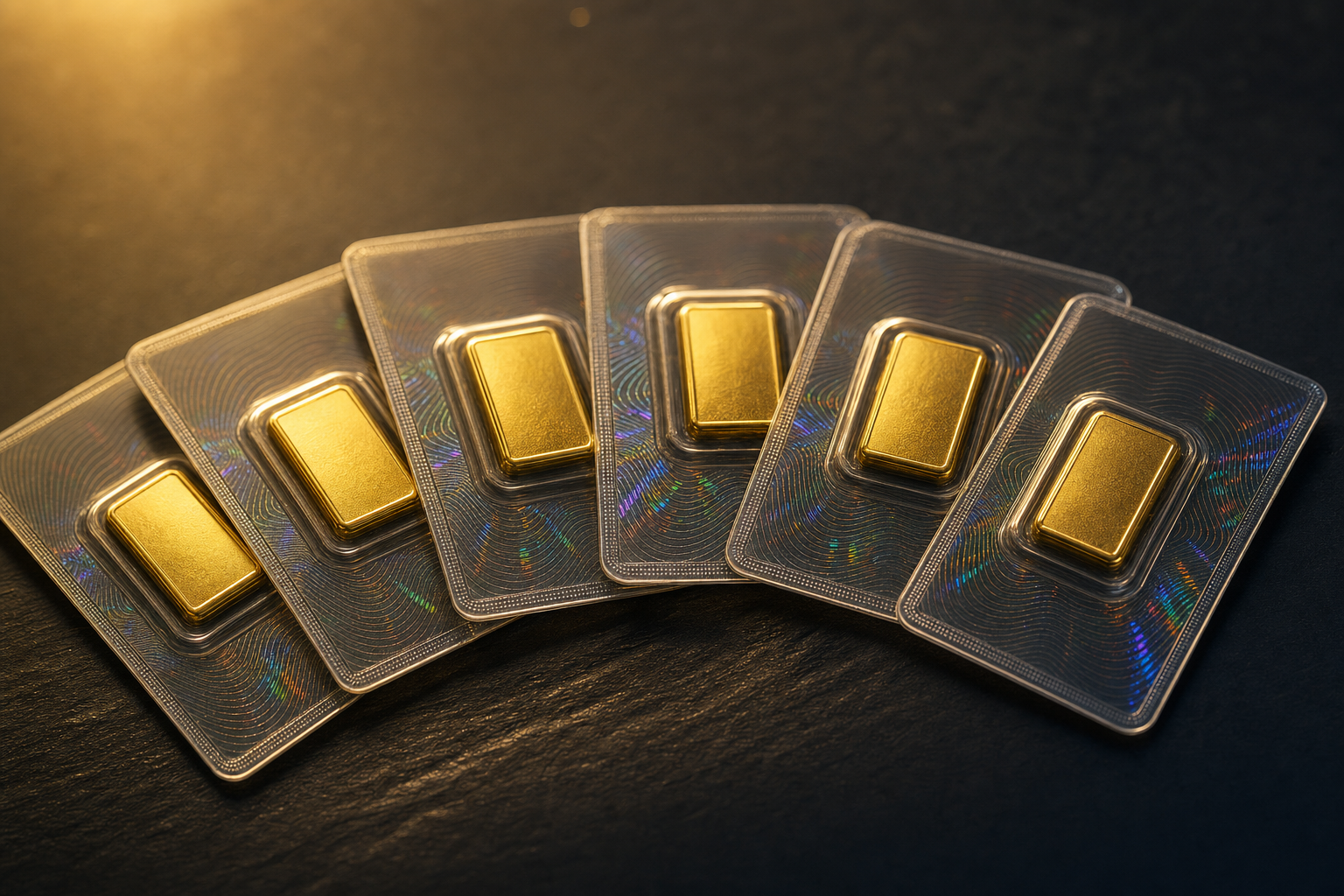 Mehrere 5 g Goldbarren im versiegelten Blister mit Hologramm auf dunklem Schiefer