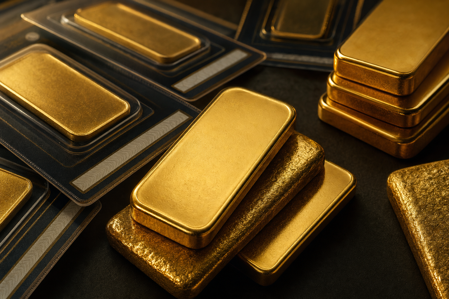 Mehrere 1 oz Goldbarren geprägt und gegossen auf dunklem Untergrund