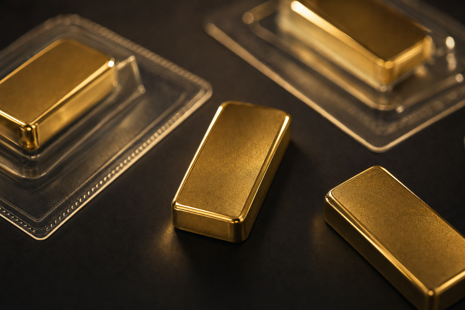 Mehrere 20 g Goldbarren aus Feingold, teils in Blisterverpackung, auf dunklem Untergrund