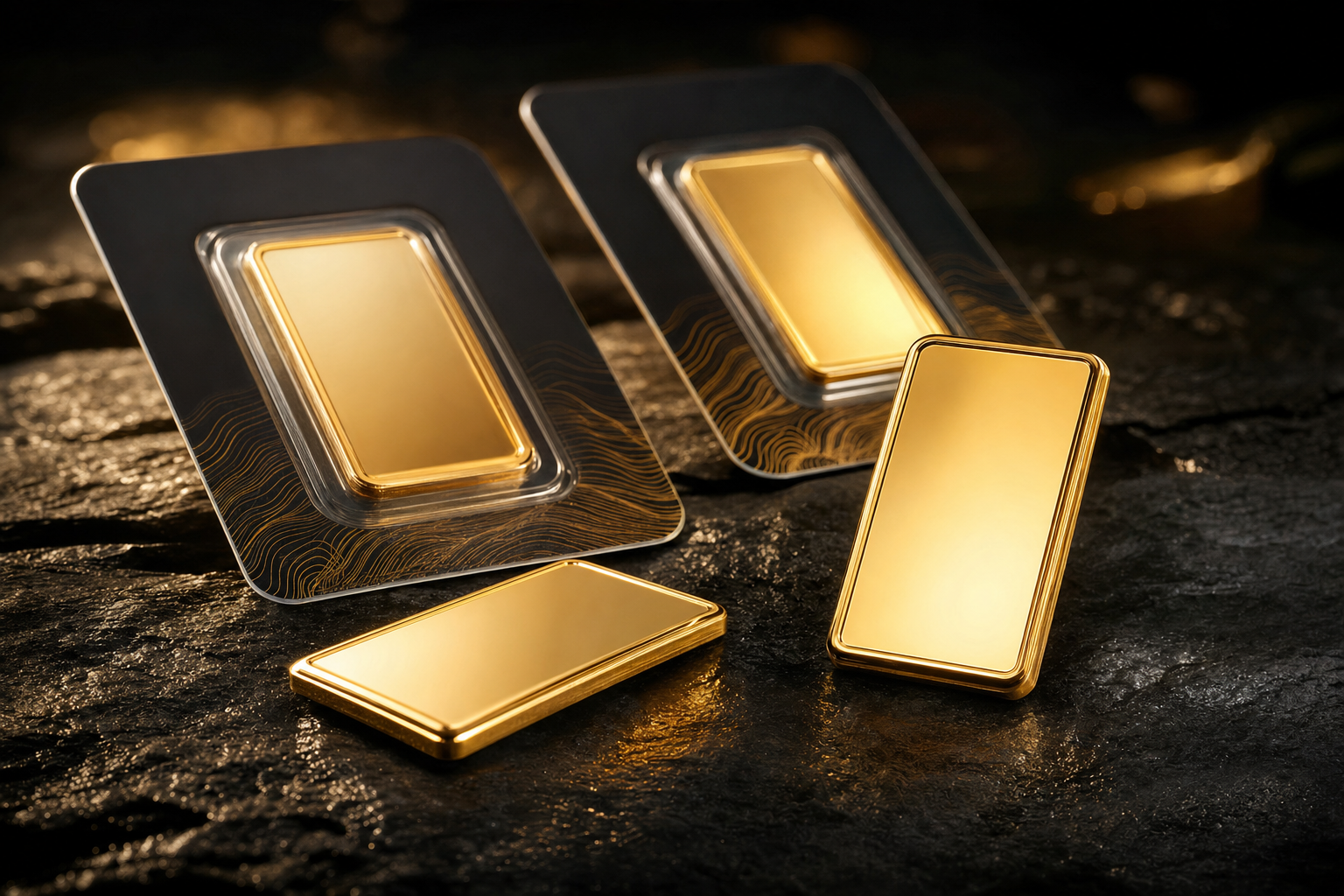 Mehrere 10 g Goldbarren, teils in Blisterkarte verpackt, auf dunklem Stein