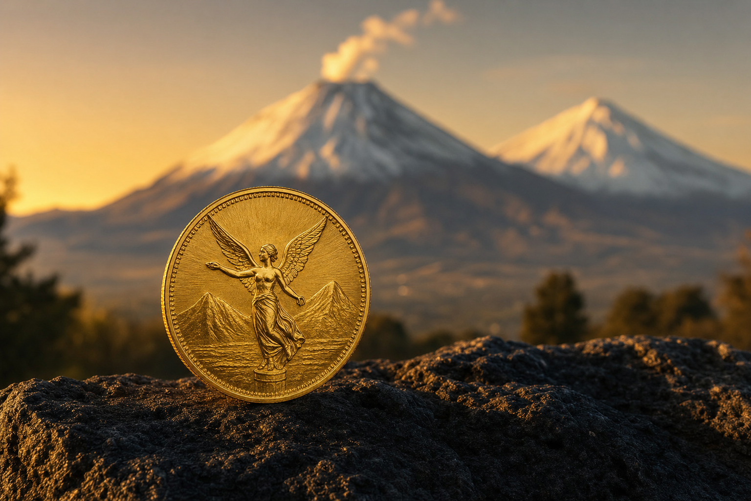 Centenario Goldmünze im mexikanischen Stil mit Siegesgöttin-Motiv vor den Vulkanen Popocatépetl und Iztaccíhuatl