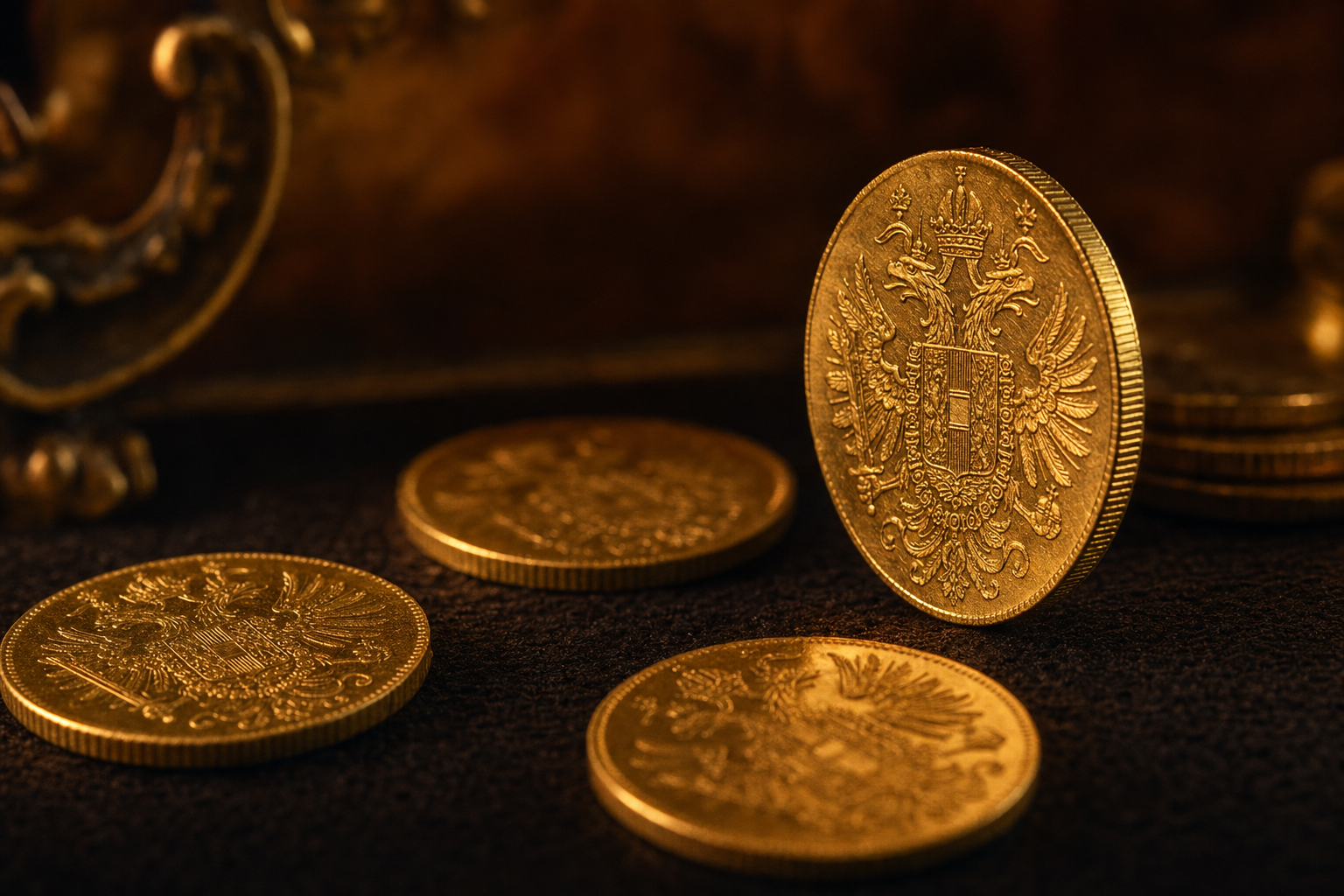 Historische Golddukaten auf dunklem Untergrund im warmen Goldlicht, eine Münze steht aufrecht