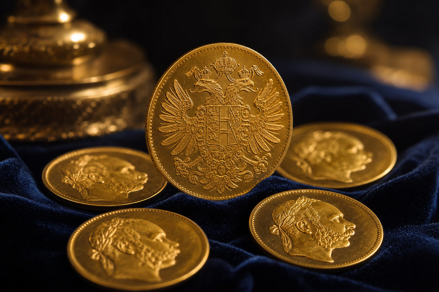 Historische österreichische Goldkronen mit rötlich-goldenem Farbton auf dunkelblauem Samt, eine Münze aufrecht mit Doppeladler-Relief