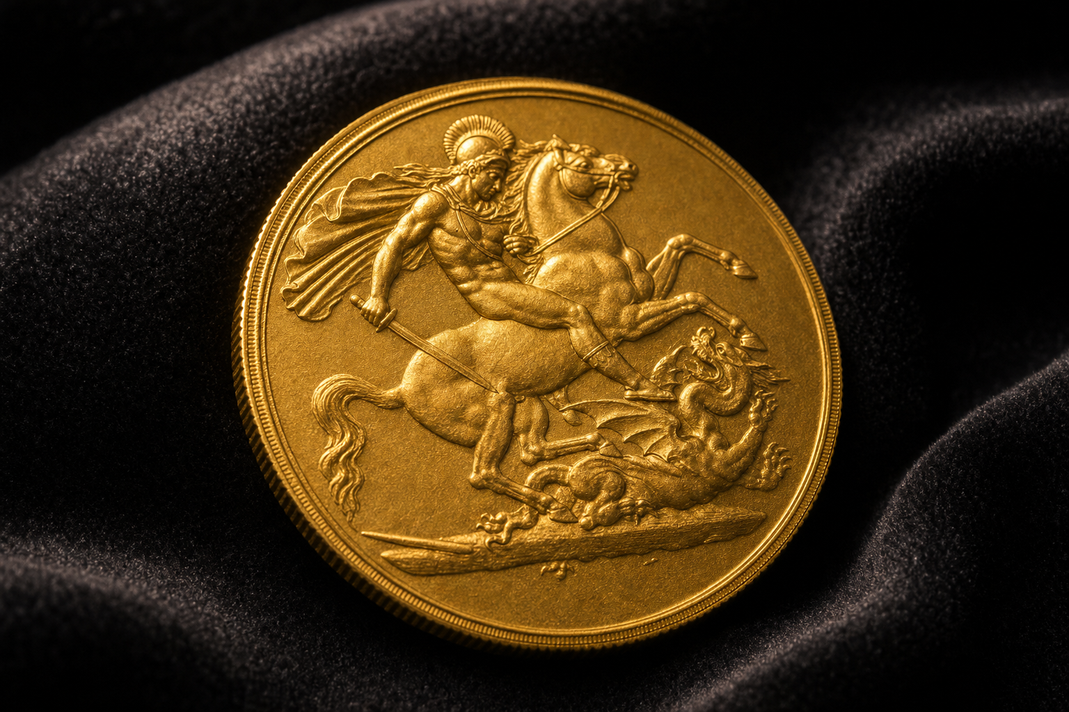 Klassische Sovereign Goldmünze mit dem Motiv des Heiligen Georg als Drachentöter auf dunklem Samt