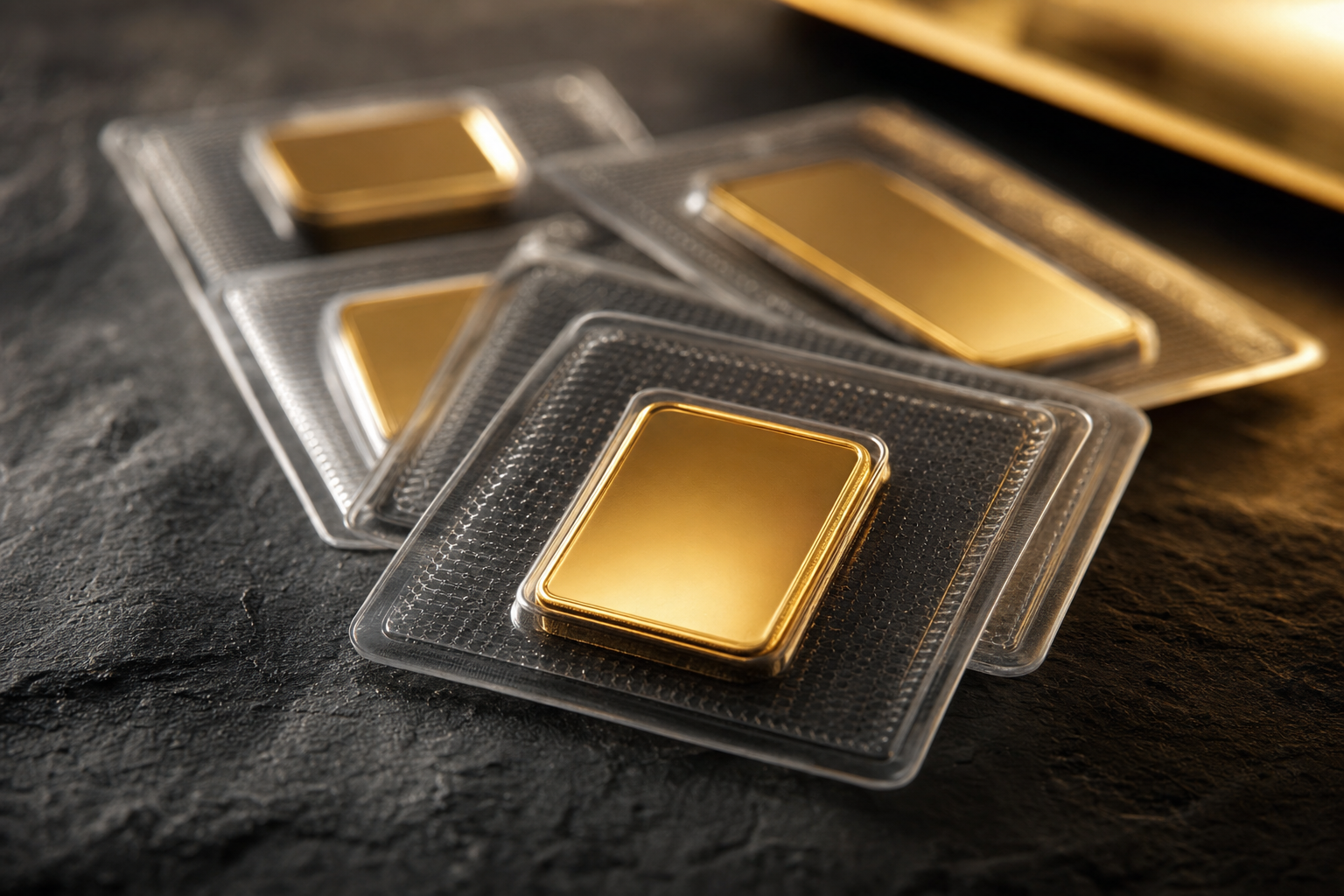 Mehrere 2 g Goldbarren versiegelt in transparenter Blisterverpackung auf dunklem Untergrund