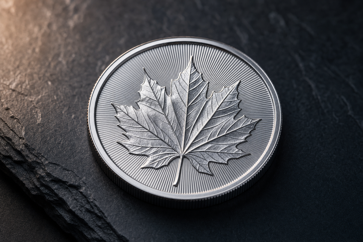 Nahaufnahme einer kanadischen Platin Maple Leaf Münze mit Ahornblatt-Motiv auf dunklem Untergrund