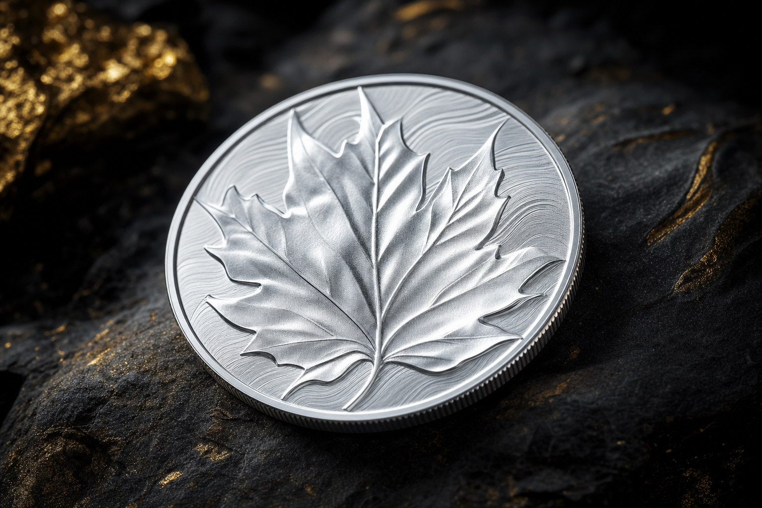 Nahaufnahme einer 1-Unze-Palladium-Anlagemünze mit Ahornblatt-Relief auf dunklem Schiefer