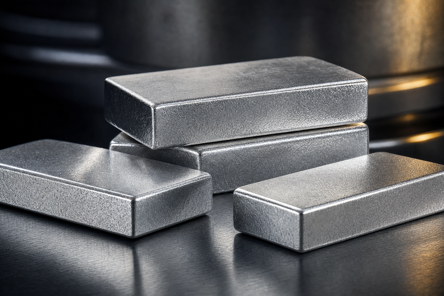 Mehrere 50 g Platinbarren mit silberweißem Metallglanz auf gebürstetem Stahluntergrund