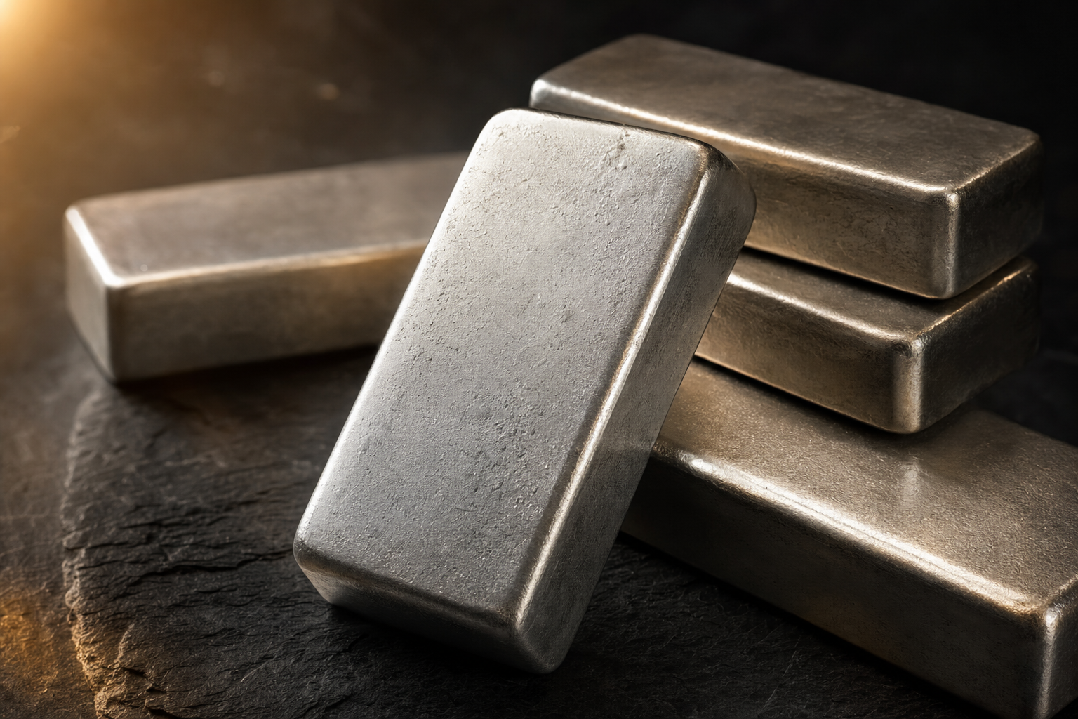 Mehrere gegossene 500 g Platinbarren mit mattweiss-silbriger Oberflaeche auf dunklem Schiefer