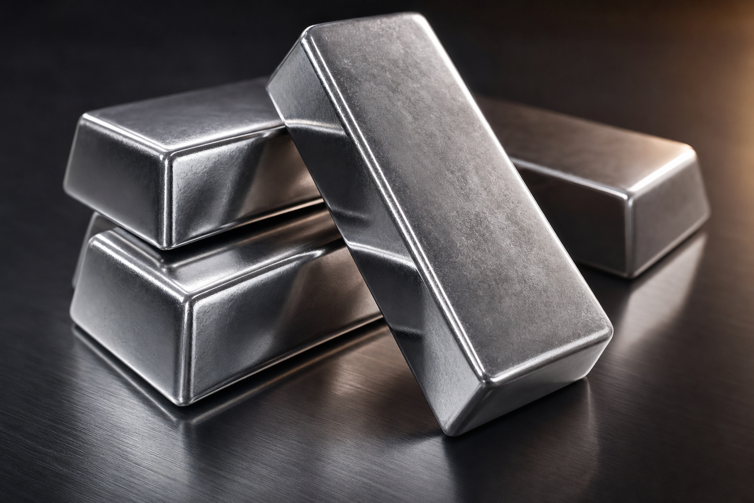 Mehrere 1 kg Platinbarren mit silbrig-weißem Glanz auf dunkler Metalloberfläche