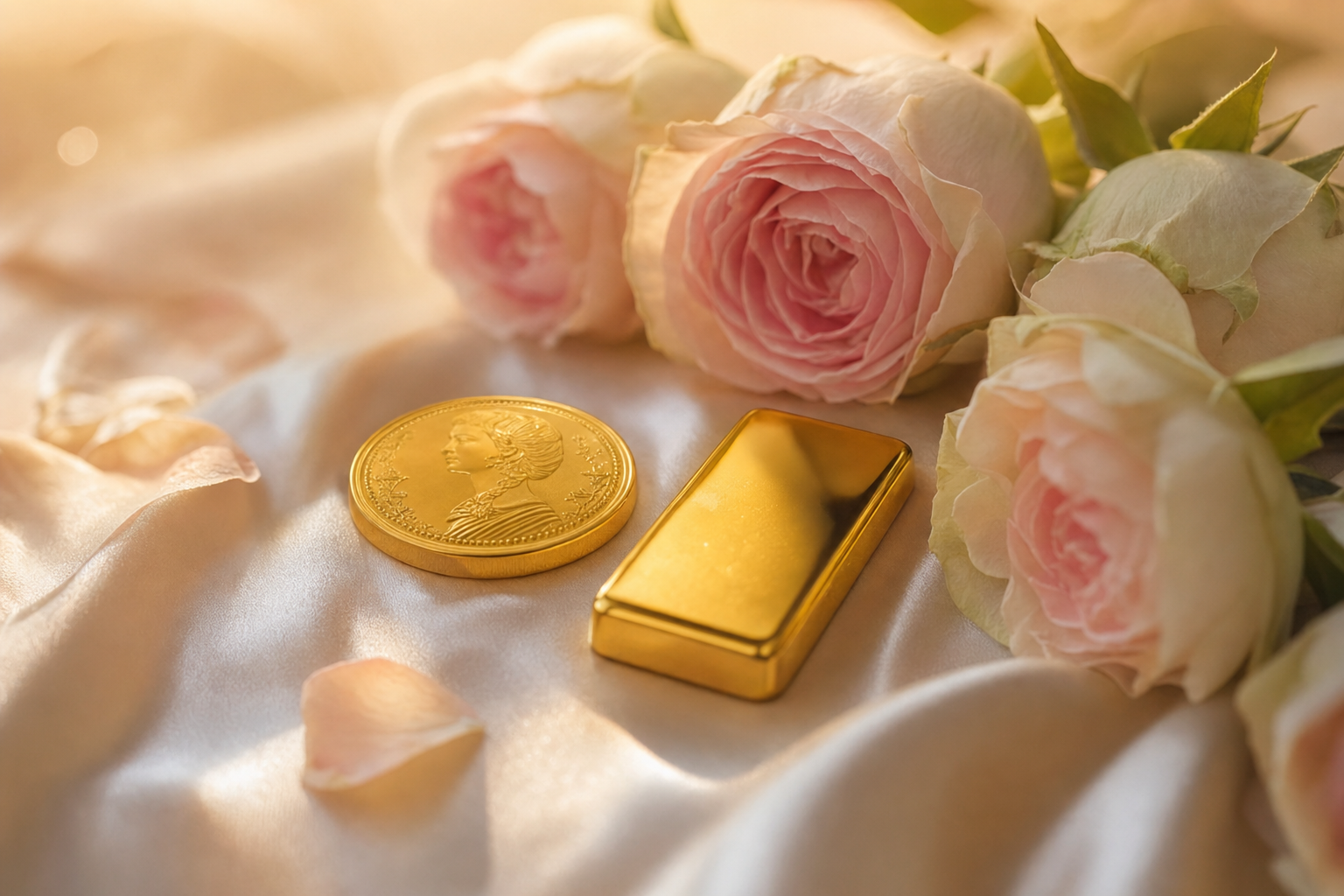 Goldmünze und Goldbarren mit Rosen auf cremefarbenem Hintergrund
