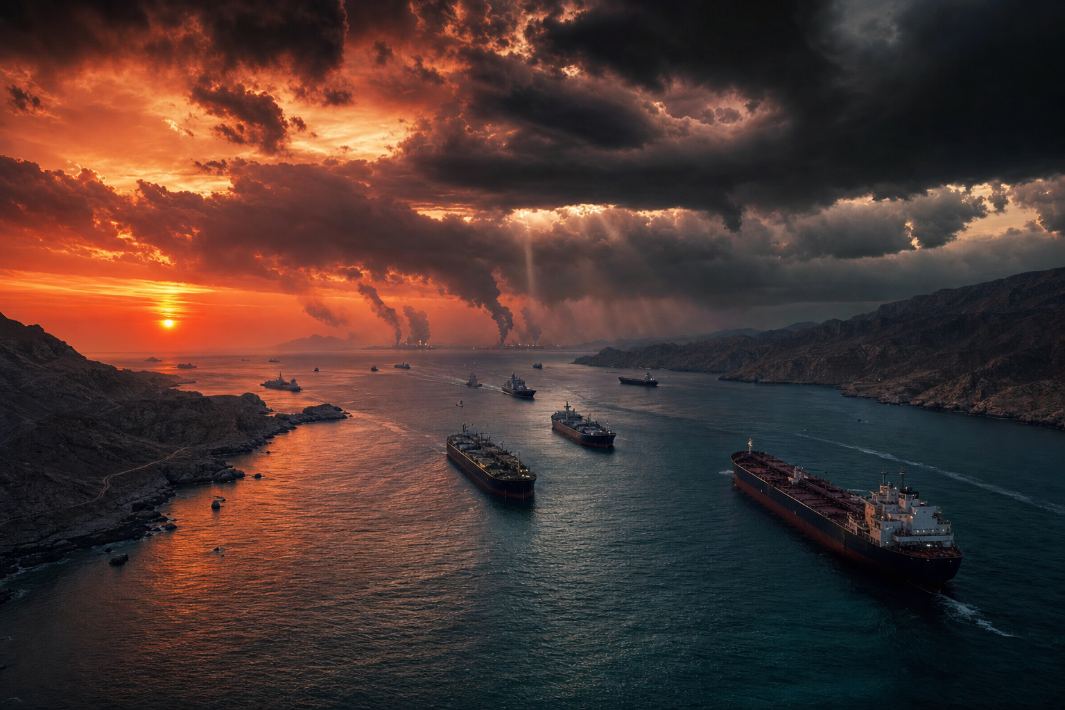 Straße von Hormuz: Öltanker bei dramatischem Sonnenuntergang mit Sturmwolken