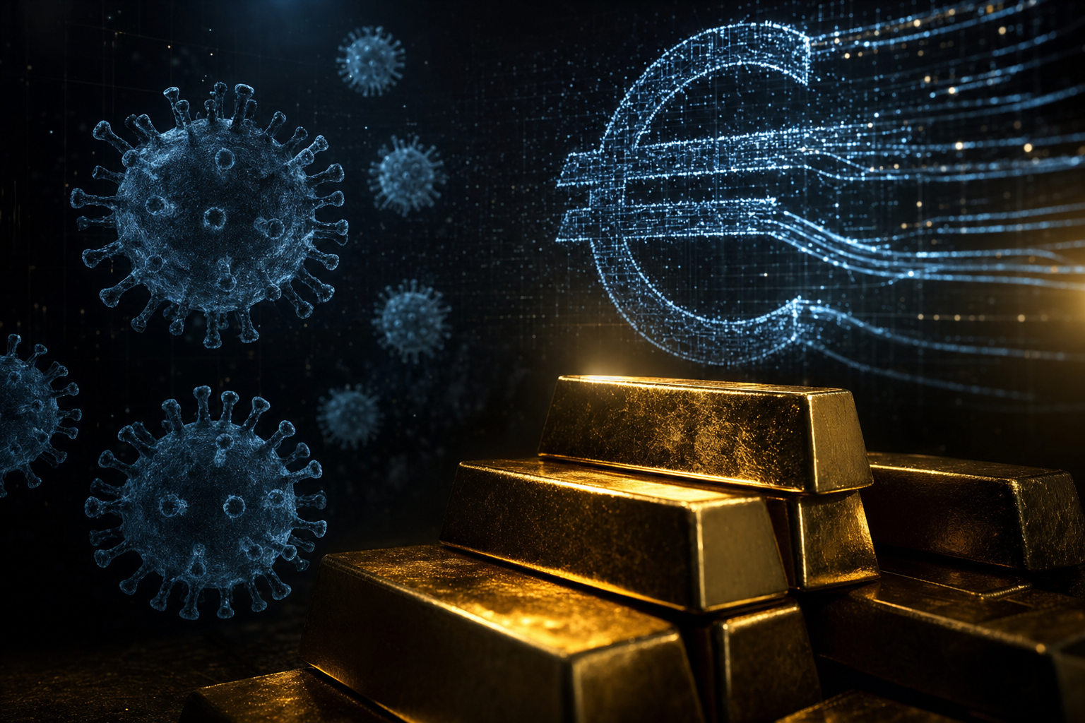 Hantavirus, Digitaler Euro und Gold — symbolische Darstellung