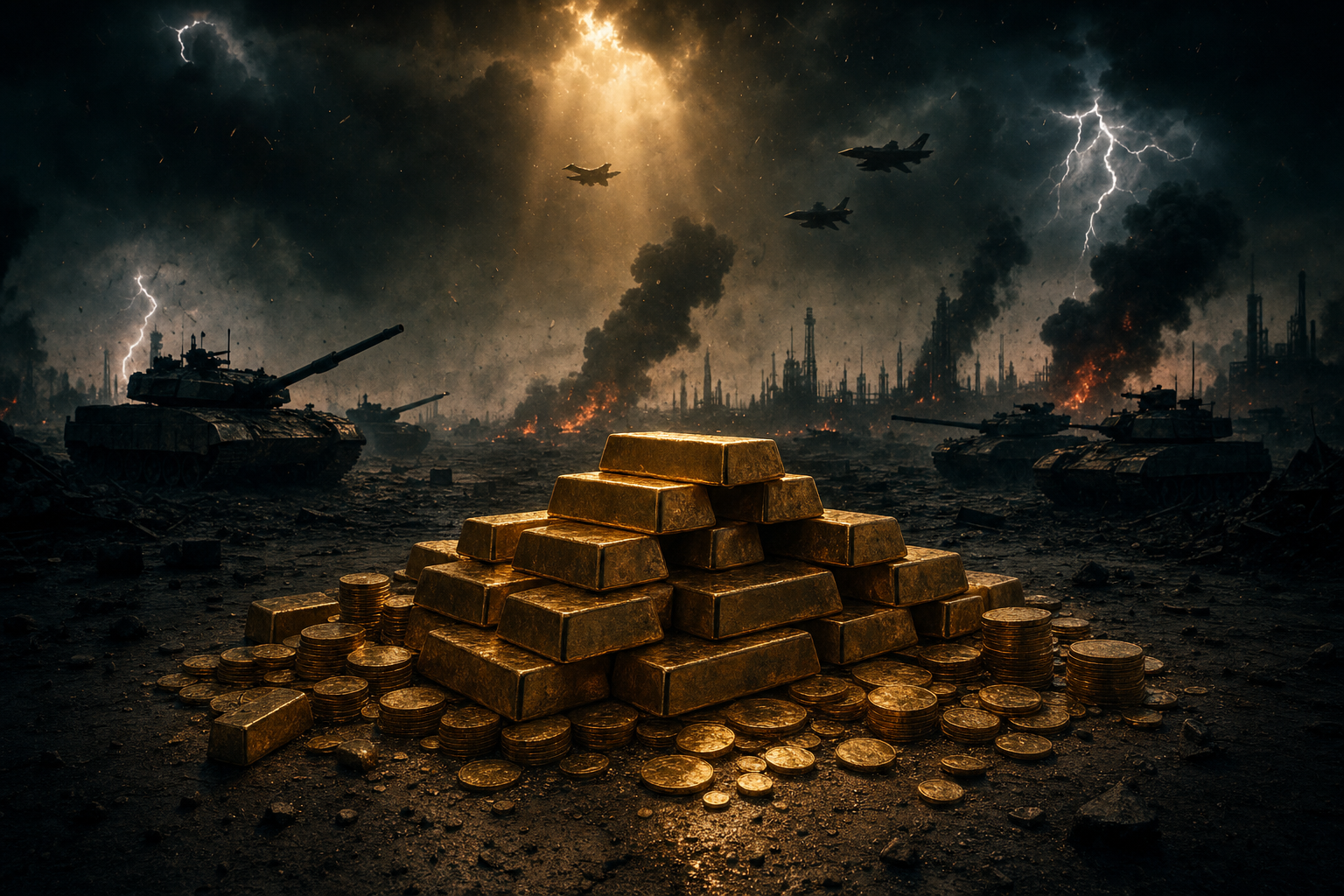 Goldbarren vor dystopischer Kriegswirtschafts-Kulisse mit Rauch und Feuerschein