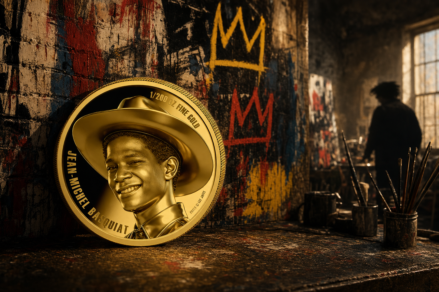 Kuenstleratelier im Stil der New Yorker Kunstszene mit der Jean-Michel-Basquiat-Goldmuenze