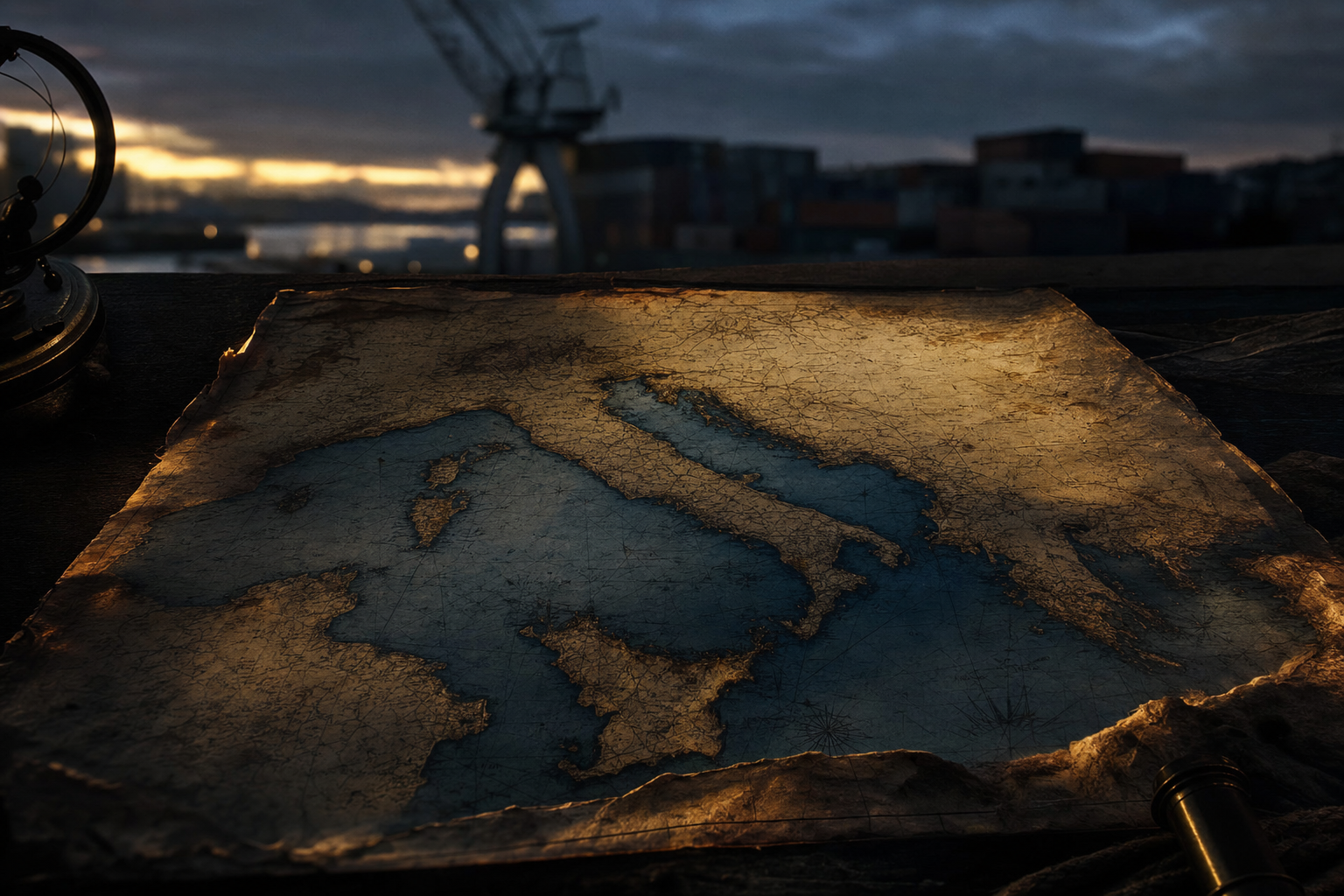 Dunkle Seekarte des Mittelmeers mit angedeutetem Hafen im Hintergrund