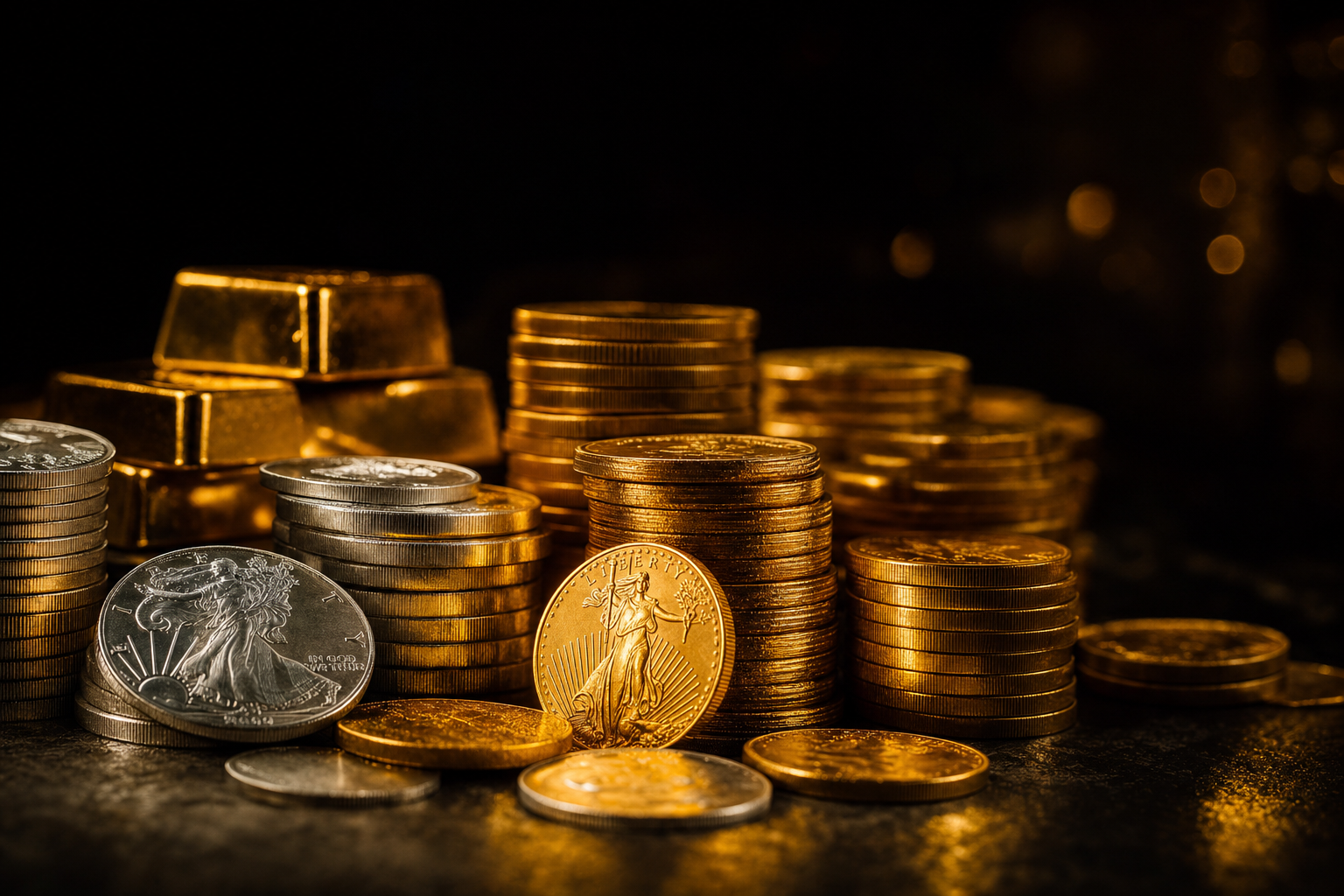 Gold- und Silbermuenzen auf dunklem Untergrund