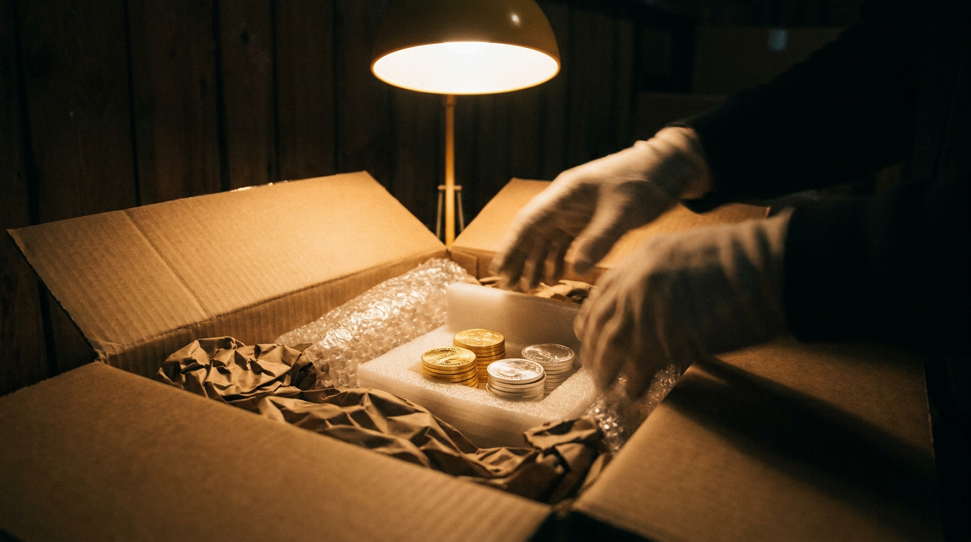 Edelmetallmünzen werden geschützt mit Polstermaterial in einem neutralen Paket verpackt