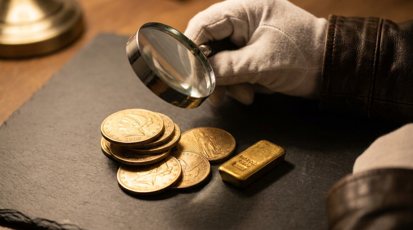 Goldmünzen und ein Goldbarren auf dunklem Untergrund werden für den Ankauf begutachtet