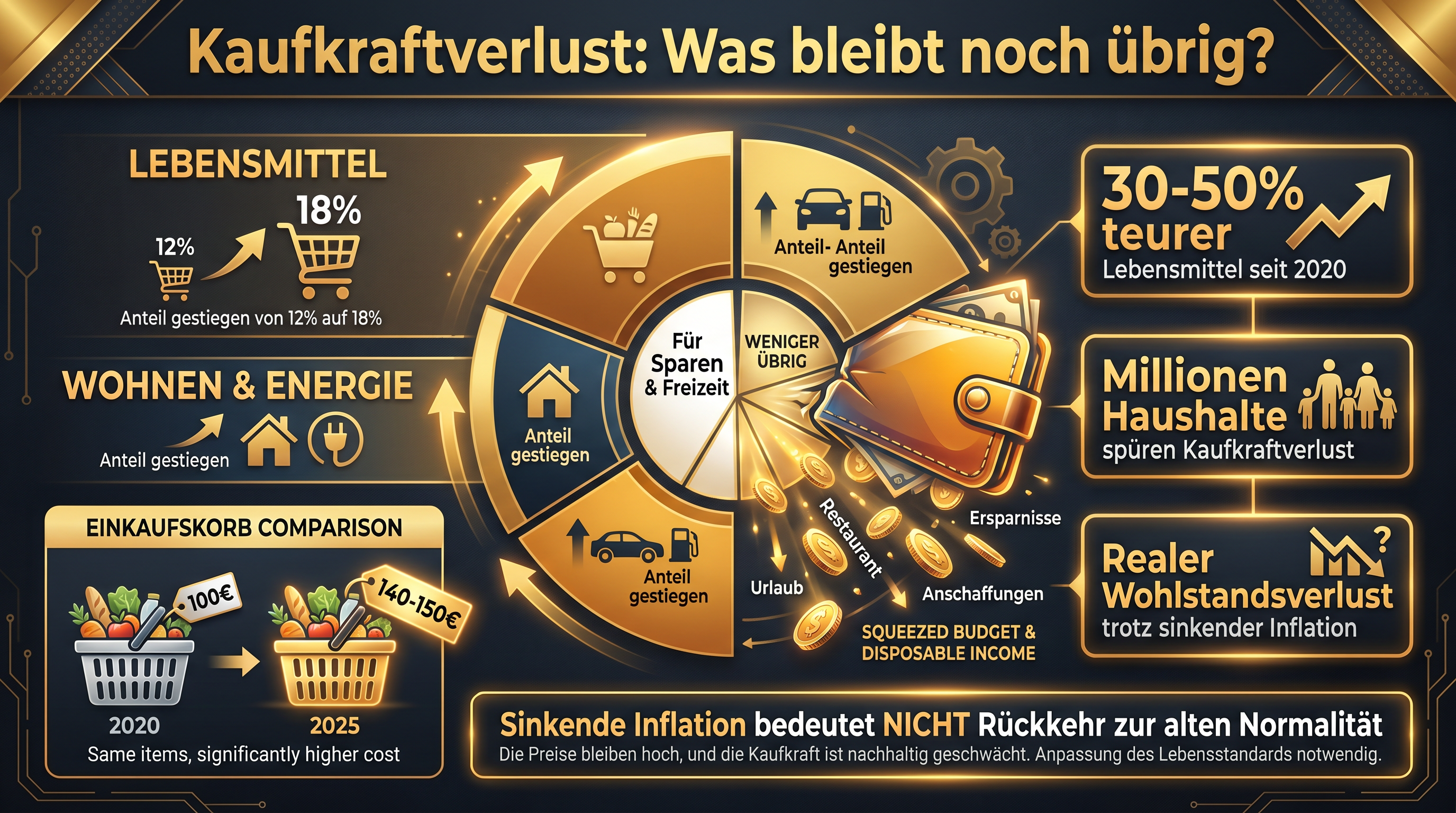 Infografik: Kaufkraftverlust - wie viel vom Haushaltsbudget nach den Grundbeduerfnissen uebrig bleibt