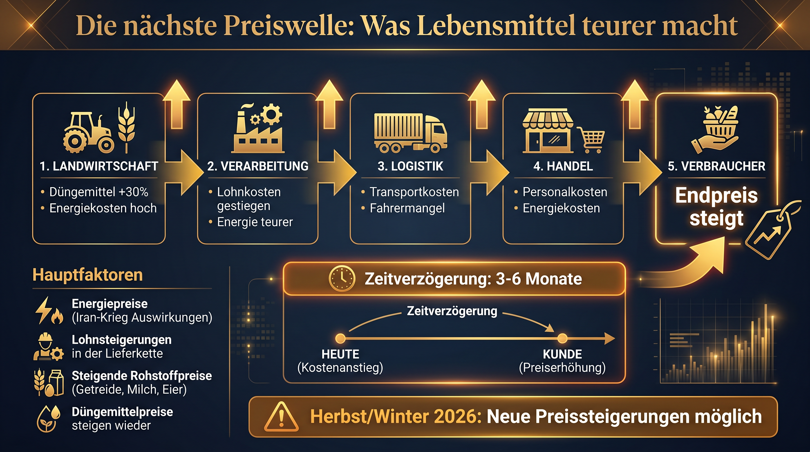 Infografik: Kostentreiber entlang der Lebensmittel-Lieferkette und die zeitverzögerte nächste Preiswelle