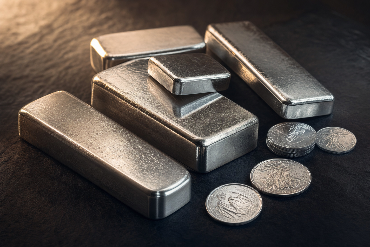 Platinbarren verschiedener Größen und Platinmünzen auf dunklem Untergrund