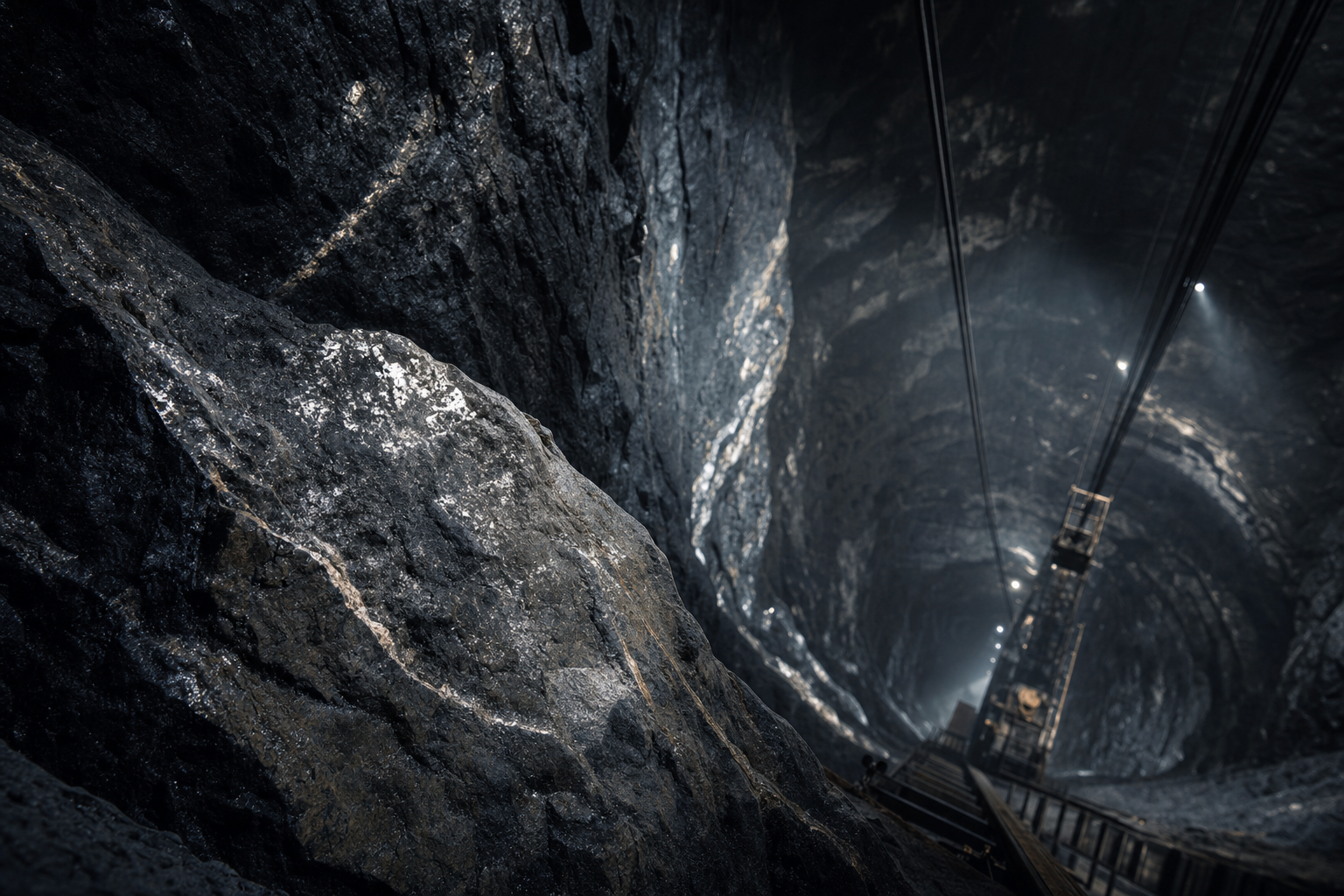 Tiefer Bergbauschacht mit platinhaltigem Erz als Symbol für die schwierige Förderung