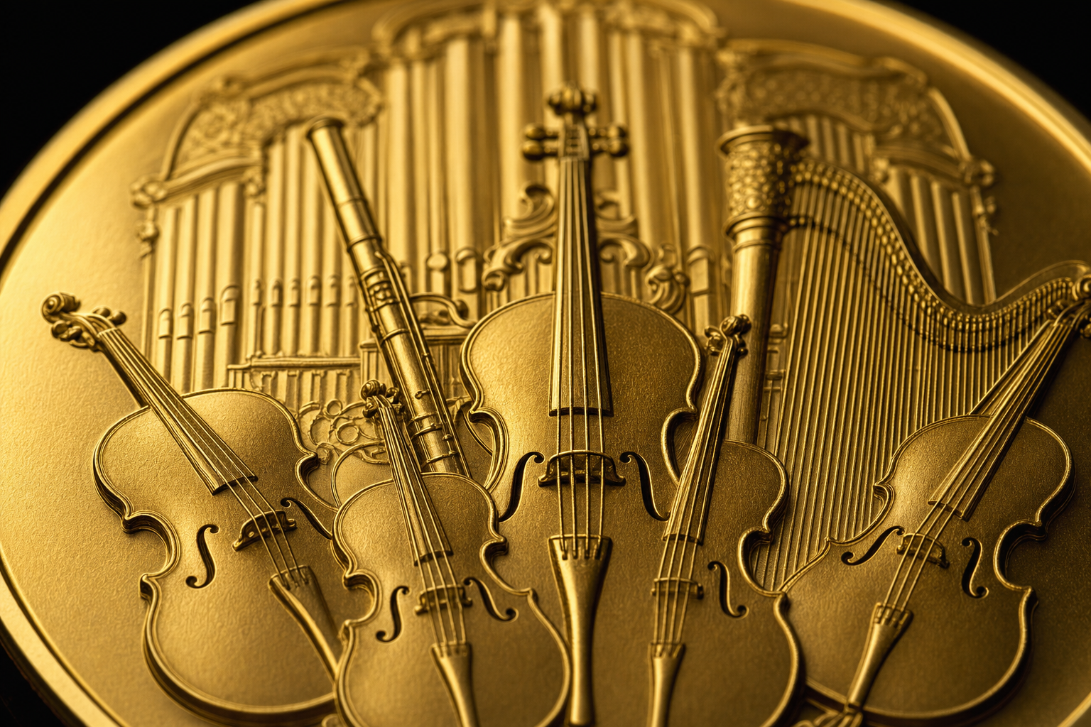 Makroaufnahme des Münzreliefs mit eingravierten Orchesterinstrumenten und Orgel-Motiv