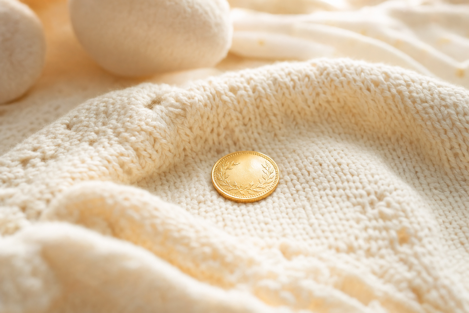 Kleine Goldmünze auf einer weichen hellen Babydecke
