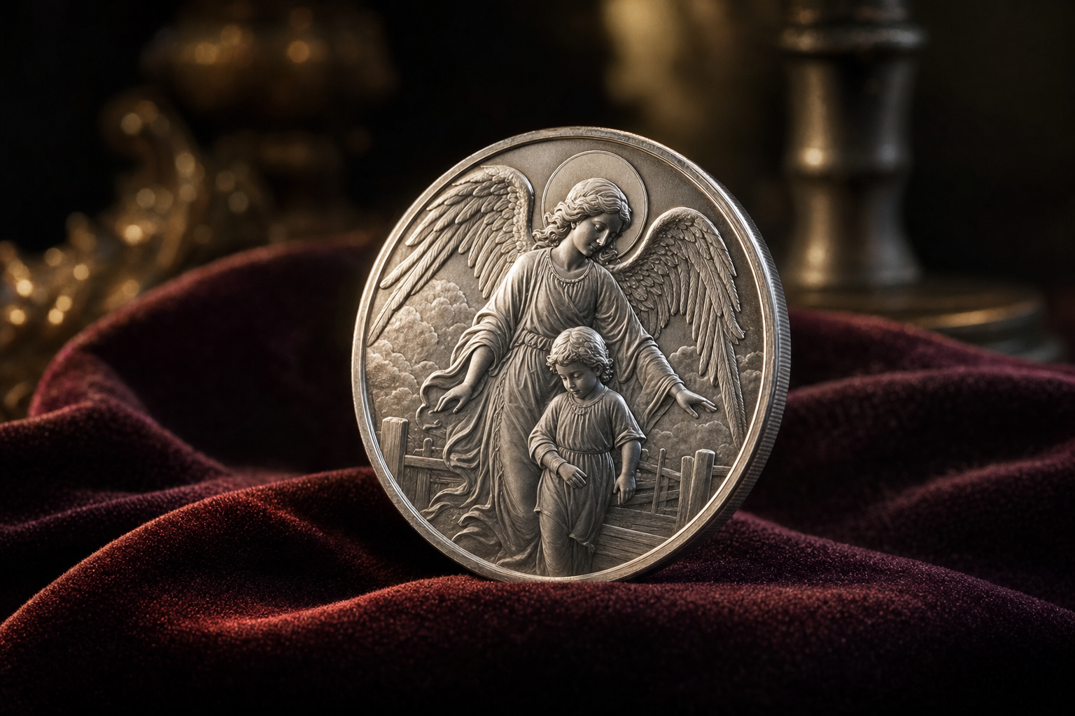 Silbermünze mit geprägtem Schutzengel-Relief auf dunklem Samt