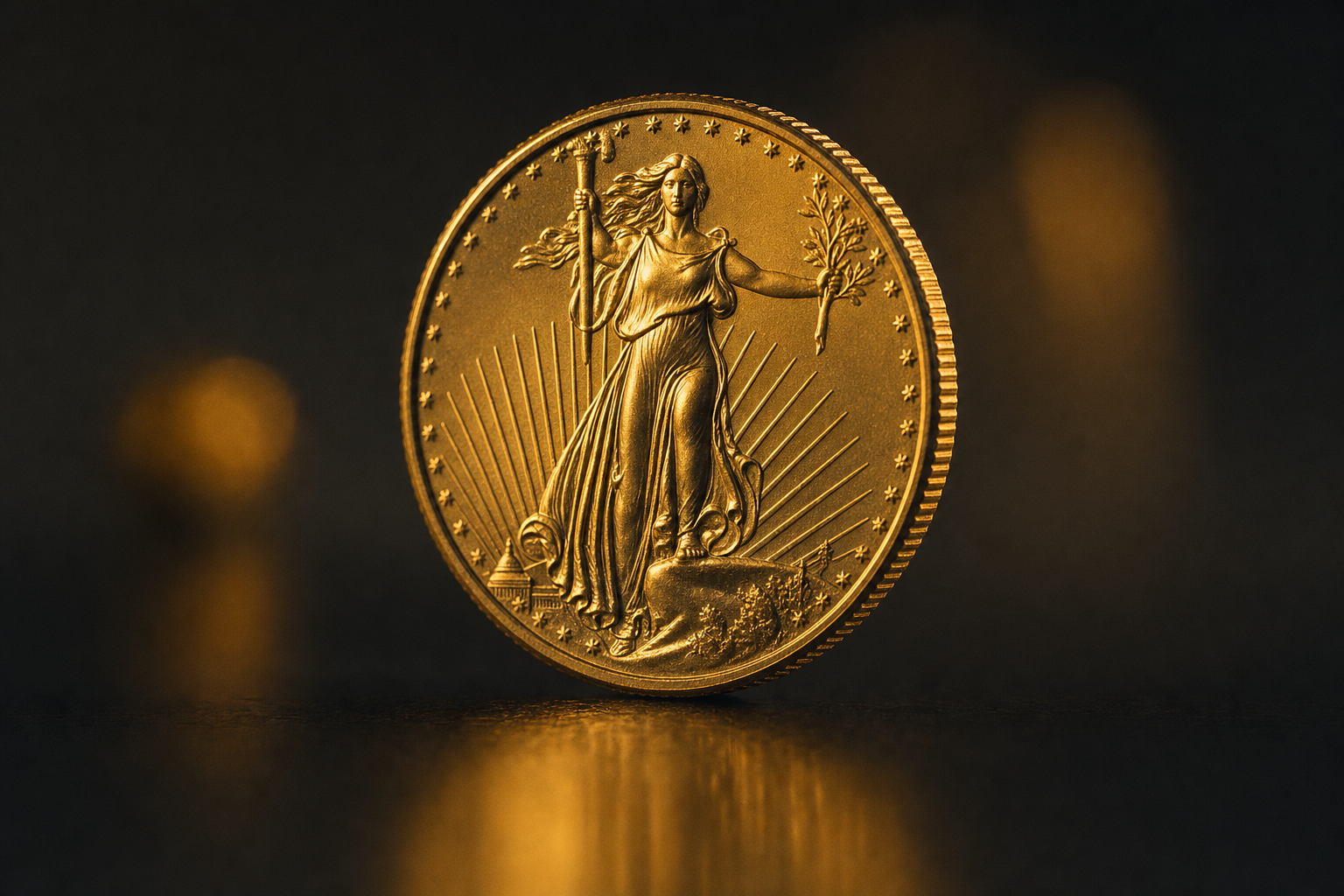 Goldene American-Eagle-Anlagemünze aufrecht auf dunklem Untergrund mit warmem Randlicht