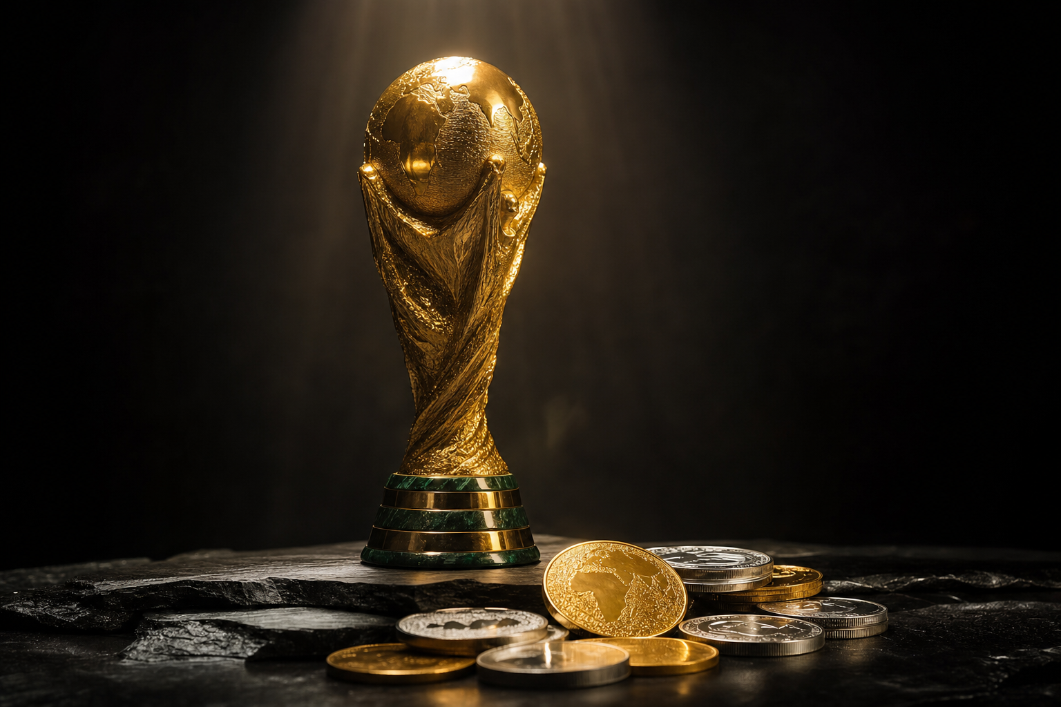 Goldene Pokal-Replik neben Silber- und Goldmünzen unter dramatischem Studiolicht