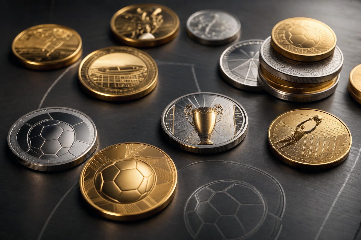 Gold- und Silber-Sammlermünzen zur Fußball-WM 2026 auf dunklem Metalluntergrund
