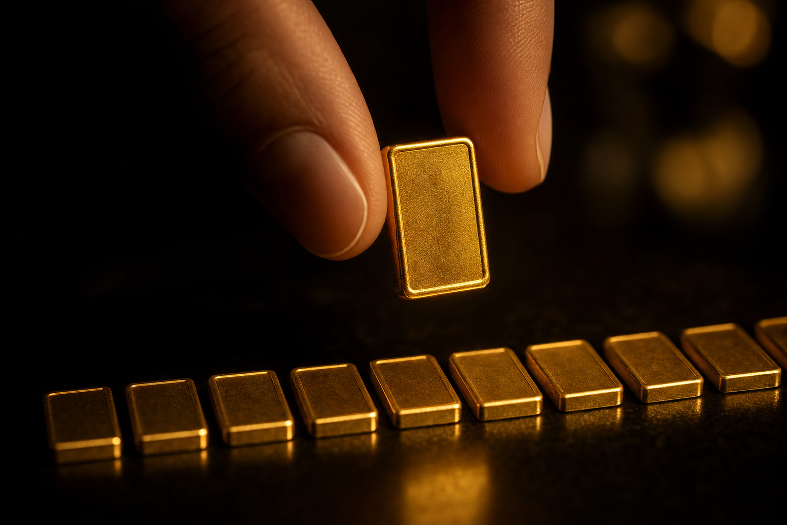 Einzelner 1-Gramm-Goldbarren wird zwischen zwei Fingern über einer Reihe weiterer Gramm-Barren gehalten
