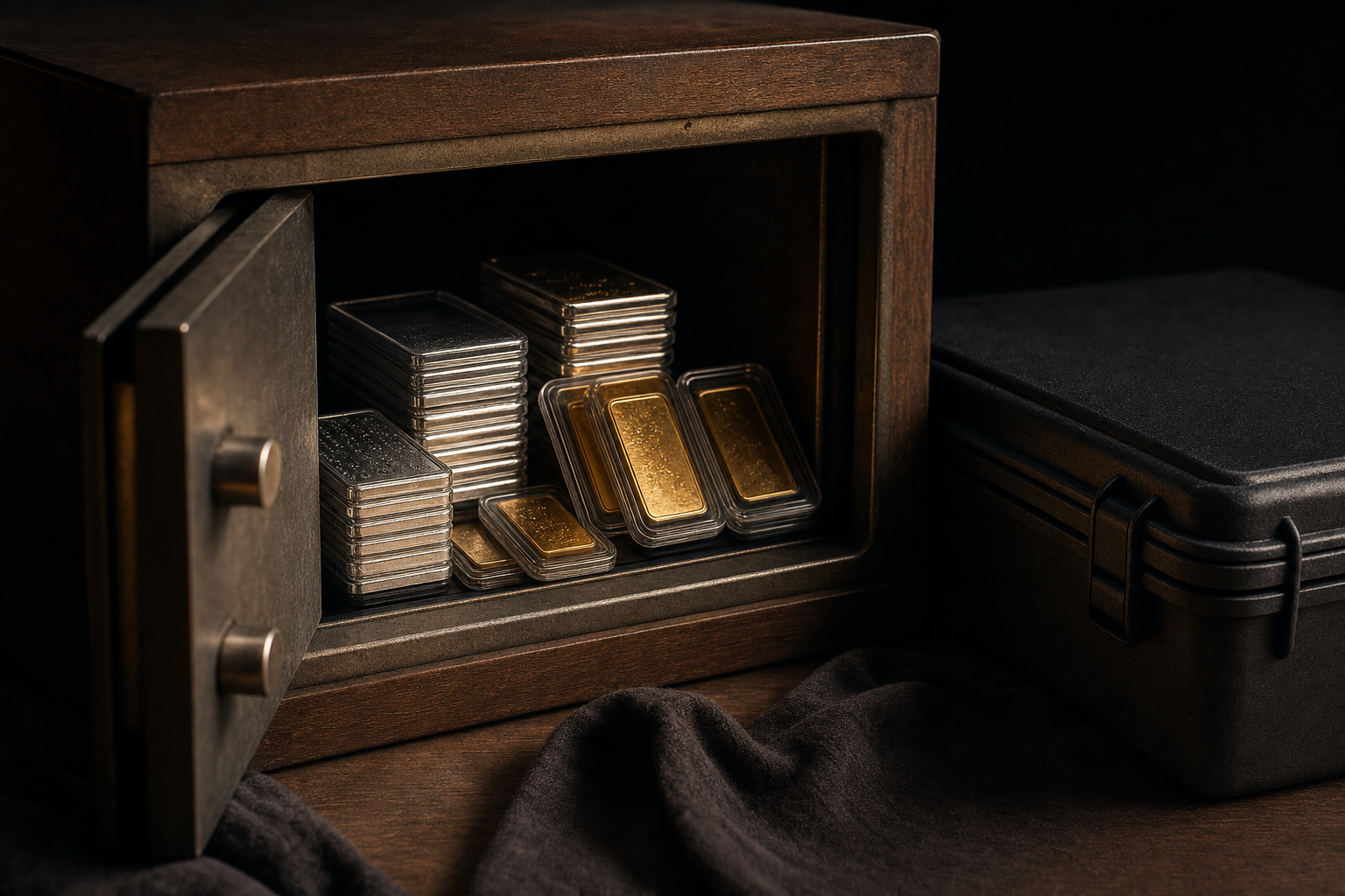Geöffnete Box mit gestapelten kleinen Silber-Münzbarren und Gold-Gramm-Barren als Krisenvorsorge