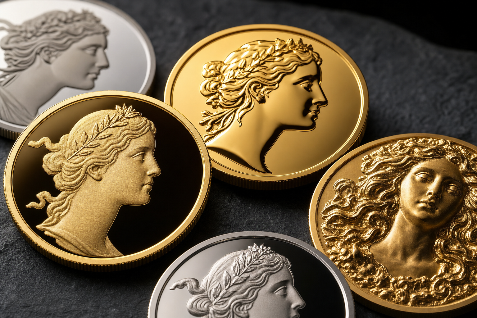 Mehrere Gold- und Silbermünzen mit unterschiedlichen Oberflächenveredelungen nebeneinander auf dunklem Schiefer