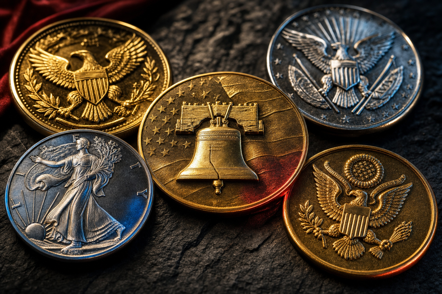 Gold- und Silbermünzen zum 250-jährigen US-Jubiläum 2026 auf dunklem Schiefer