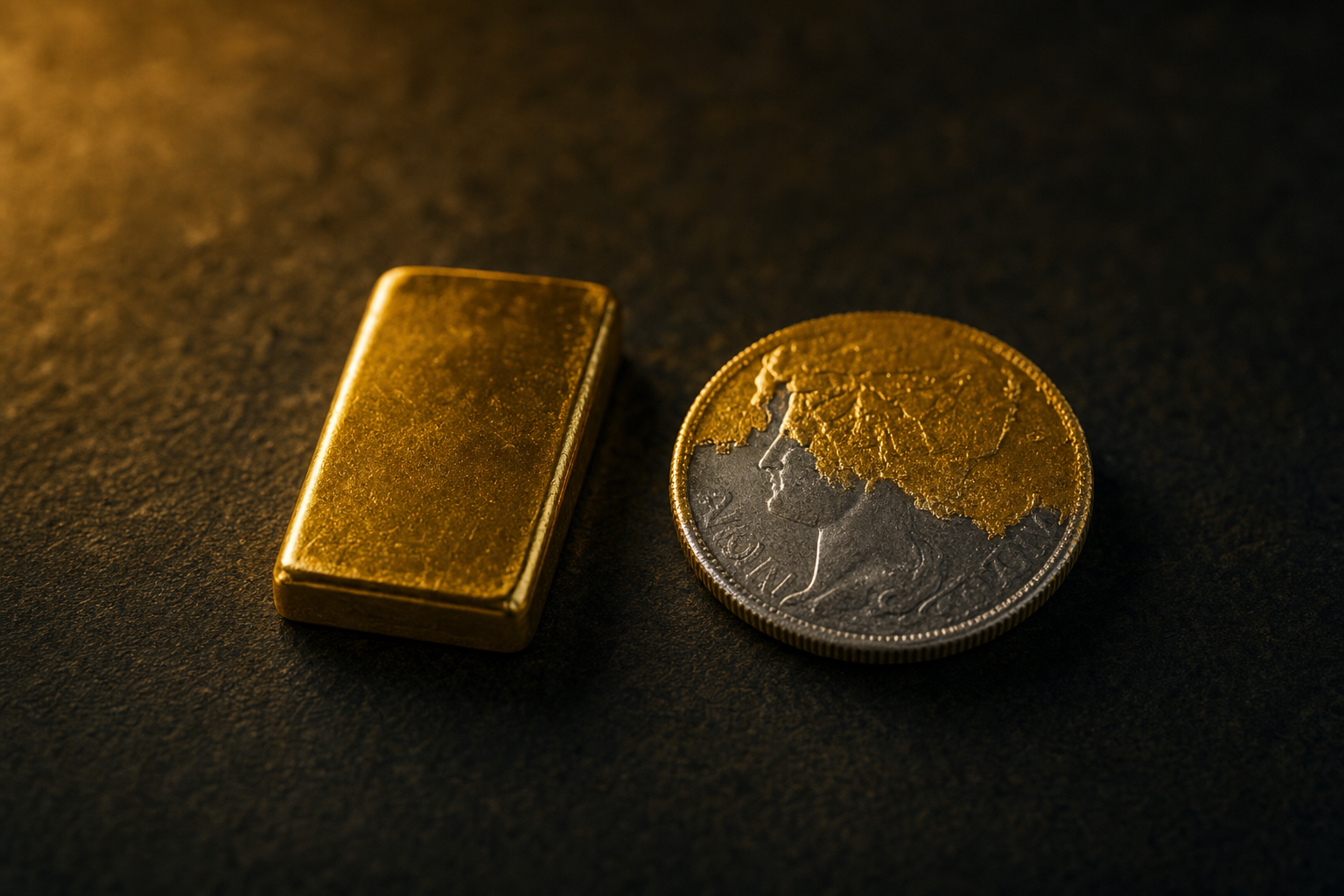 Kleiner Goldbarren und teilvergoldete Silbermünze nebeneinander als Symbol für Sammlerwert und Materialwert