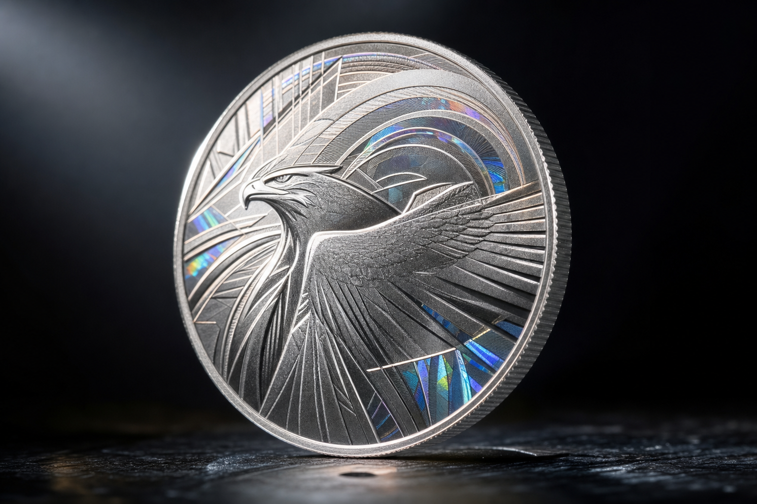 Detailaufnahme einer Silbermünze mit Hologramm-Schimmer und Adler-Motiv