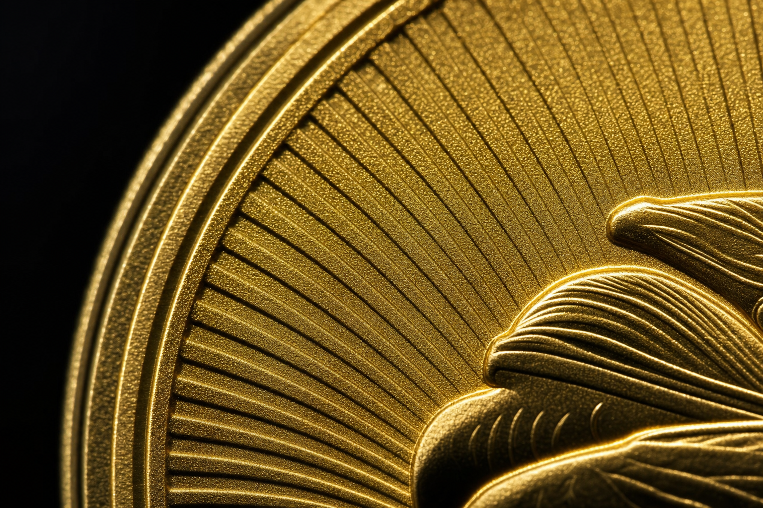 Makroaufnahme der feinen Radiallinien und Mikro-Gravur auf einer Goldmünze