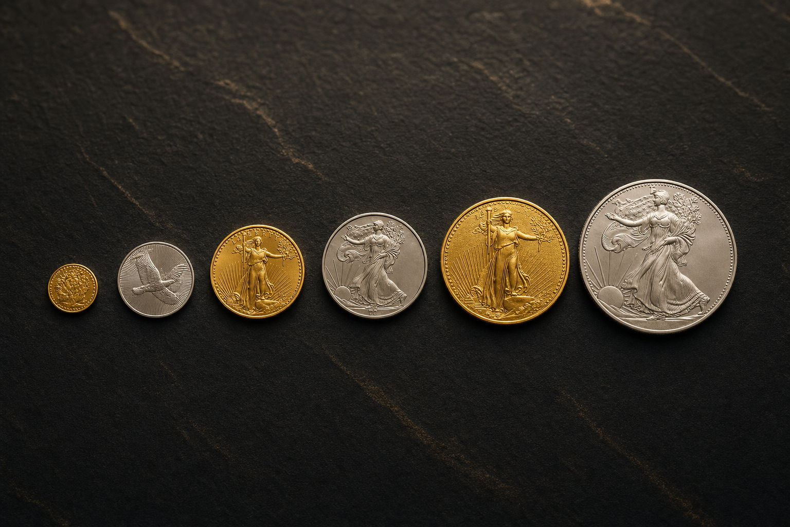 Verschiedene Stückelungen von Gold- und Silbermünzen in einer Reihe auf dunklem Untergrund