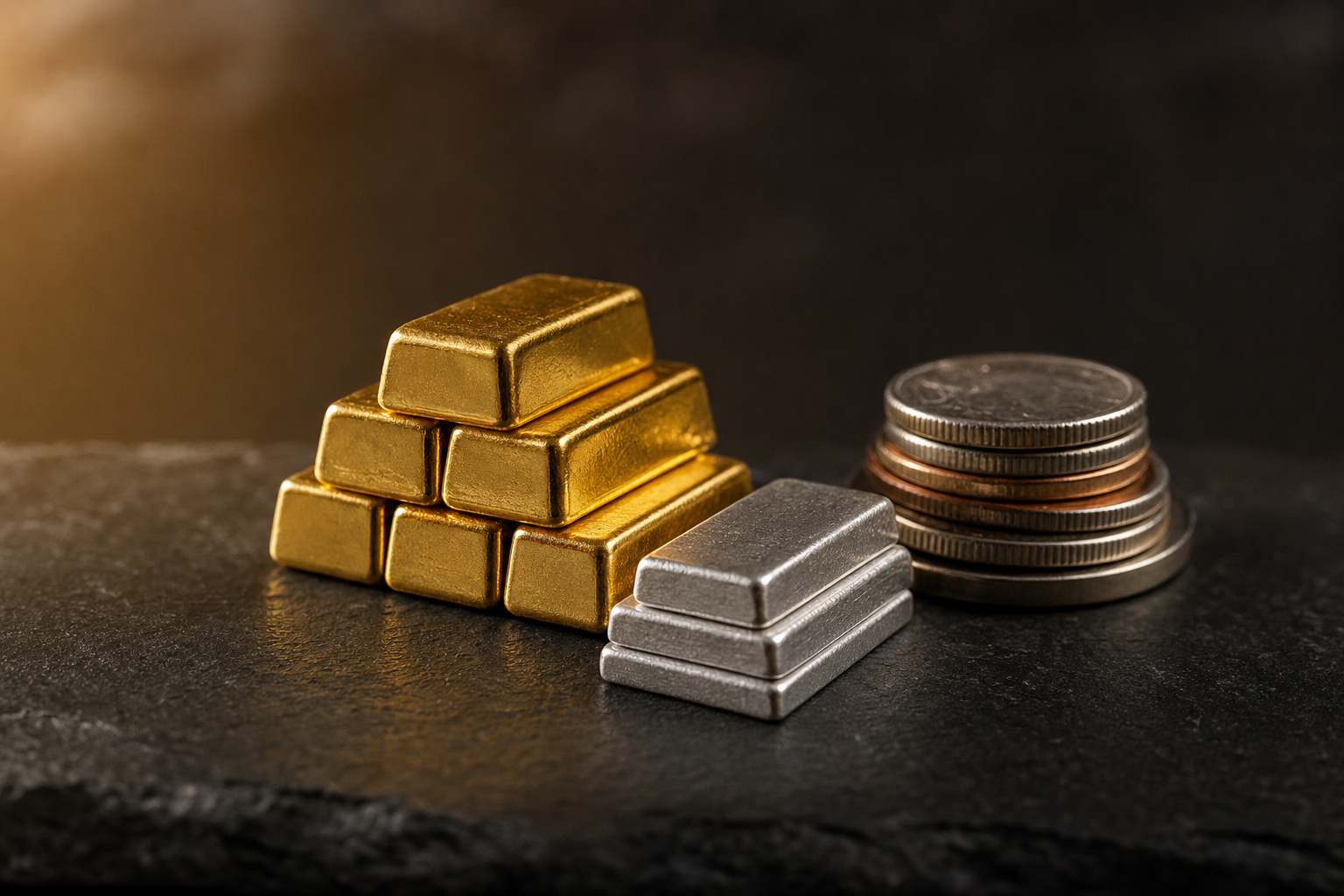 Kleine Gold- und Silberbarren im Gramm-Bereich auf dunklem Untergrund