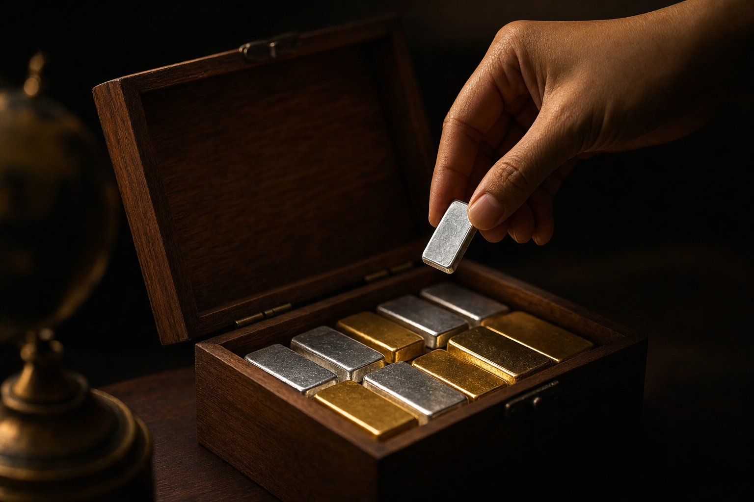 Eine Hand legt einen kleinen Silberbarren zu einer Sammlung aus Gold- und Silberbarren
