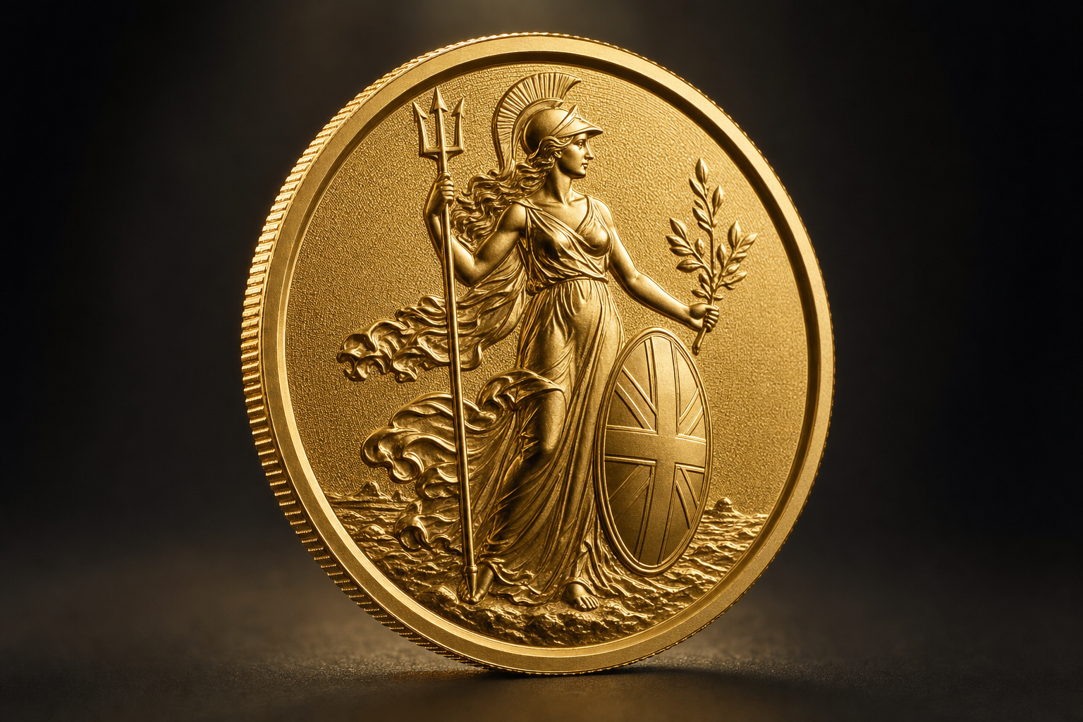 Britannia Goldmünze mit der Kriegerinnen-Figur, Trident und Schild im warmen Mood-Licht