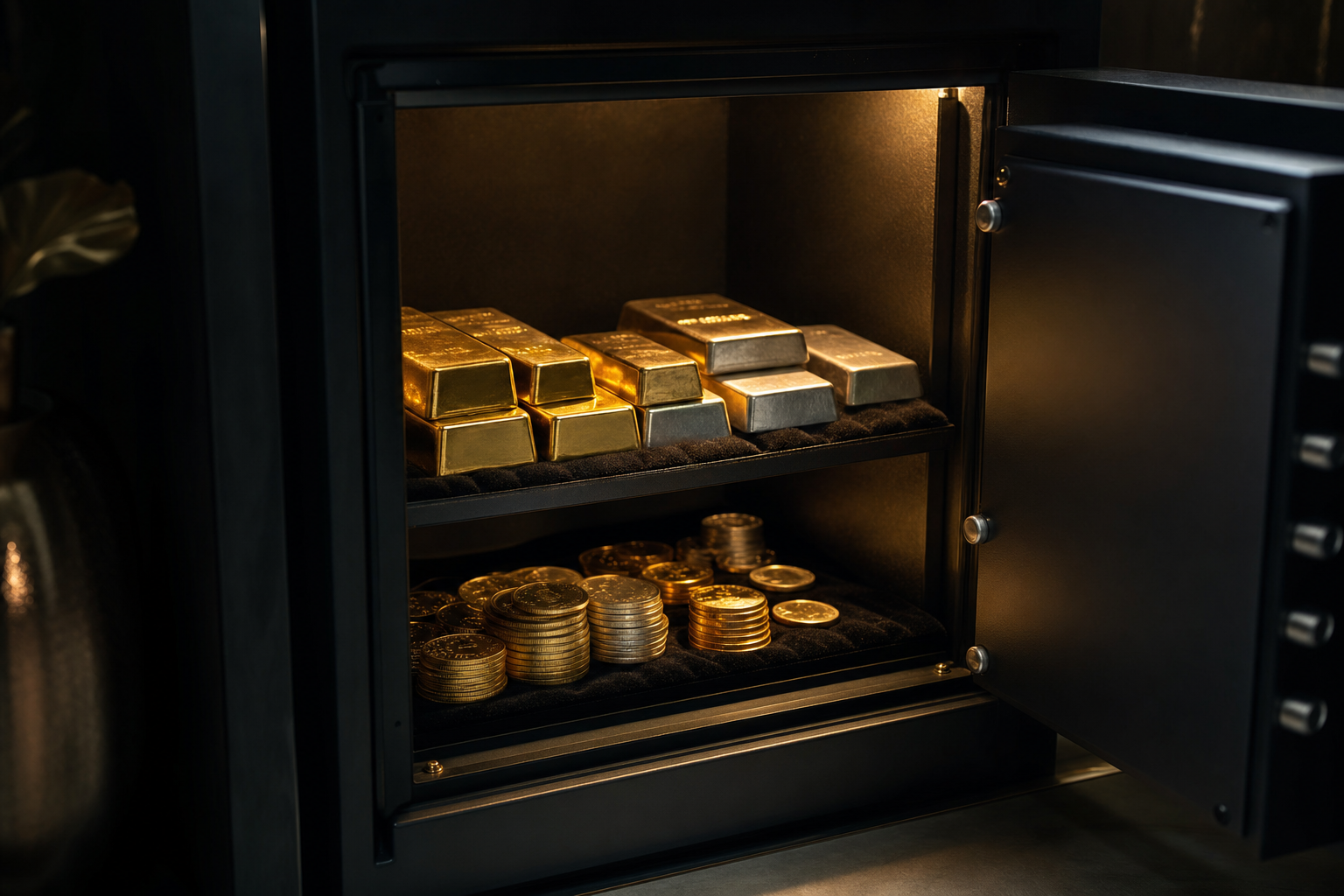 Geöffneter Heimtresor mit Gold- und Silberbarren sowie Münzen auf dunklem Samt