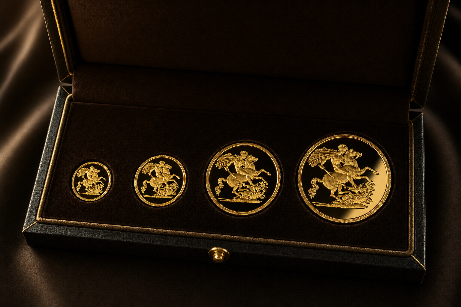 Fractional Set mit vier gestaffelten Goldmünzen in einem dunklen Sammleretui