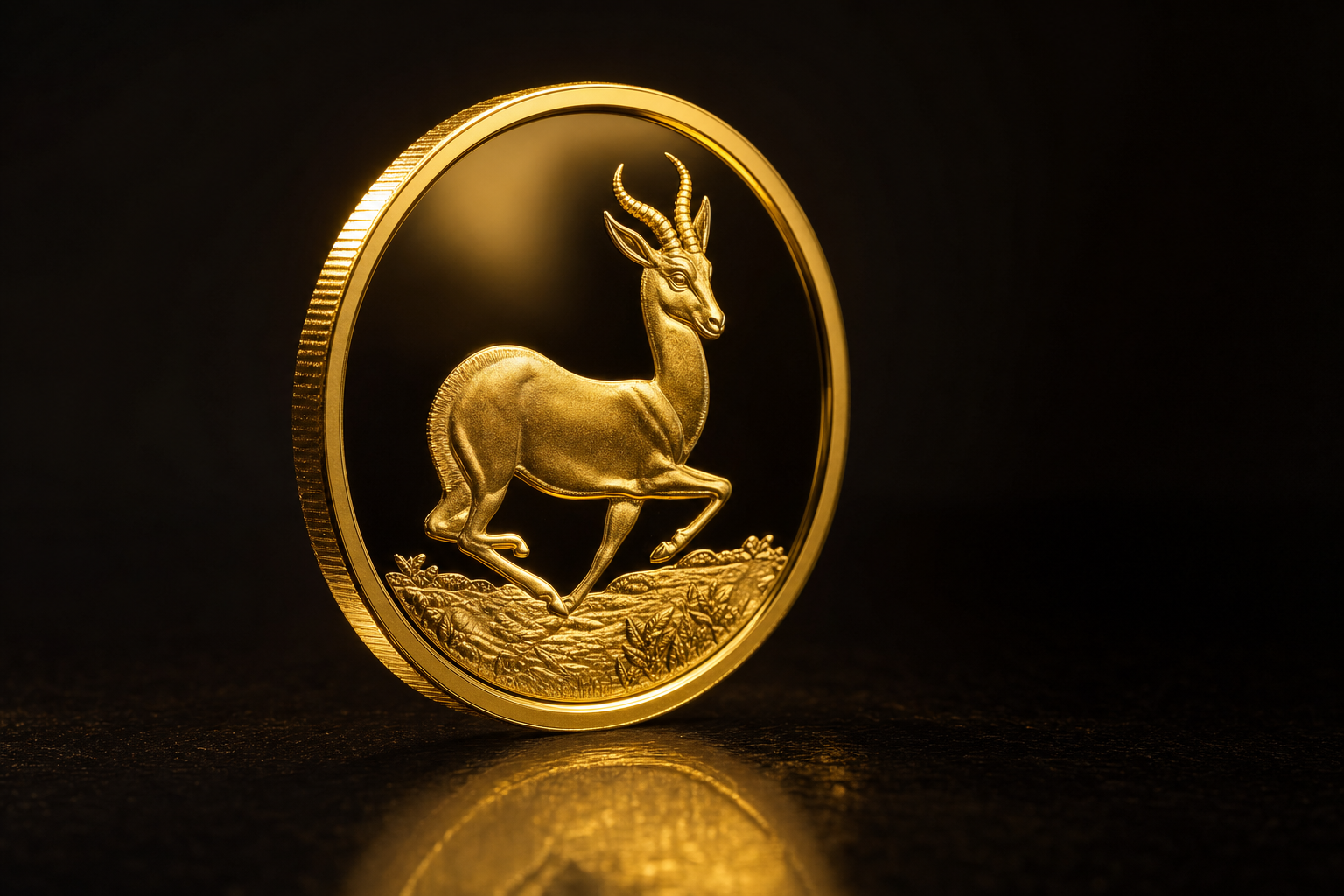 Goldmünze in Reverse-Proof-Qualität mit spiegelndem Relief auf dunklem Hintergrund