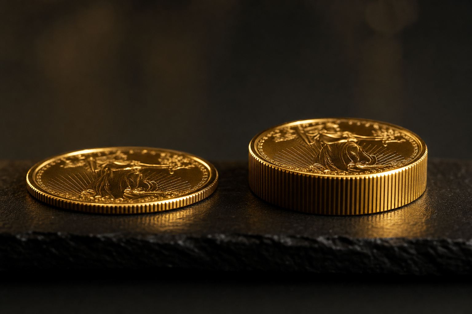 Vergleich einer Standardmünze und einer dickeren Piedfort-Goldmünze mit doppelter Materialstärke