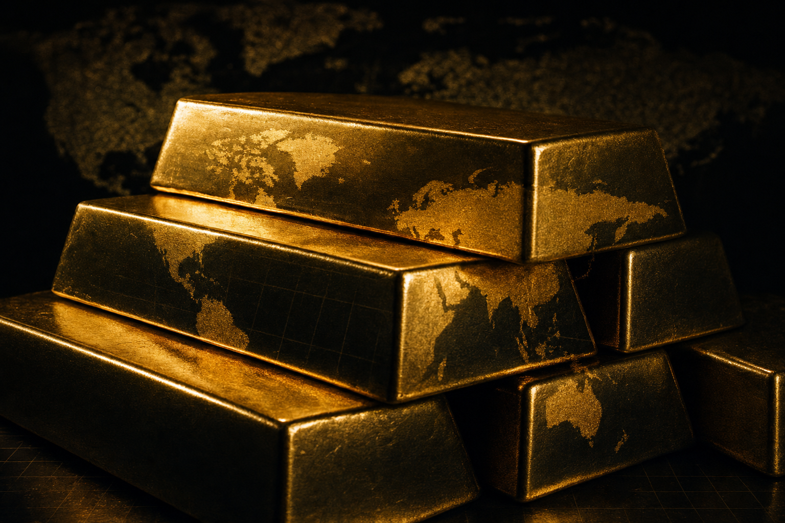 Goldbarren im dramatischen Seitenlicht, im Hintergrund angedeutete Weltkarte als Symbol für globalen Handel